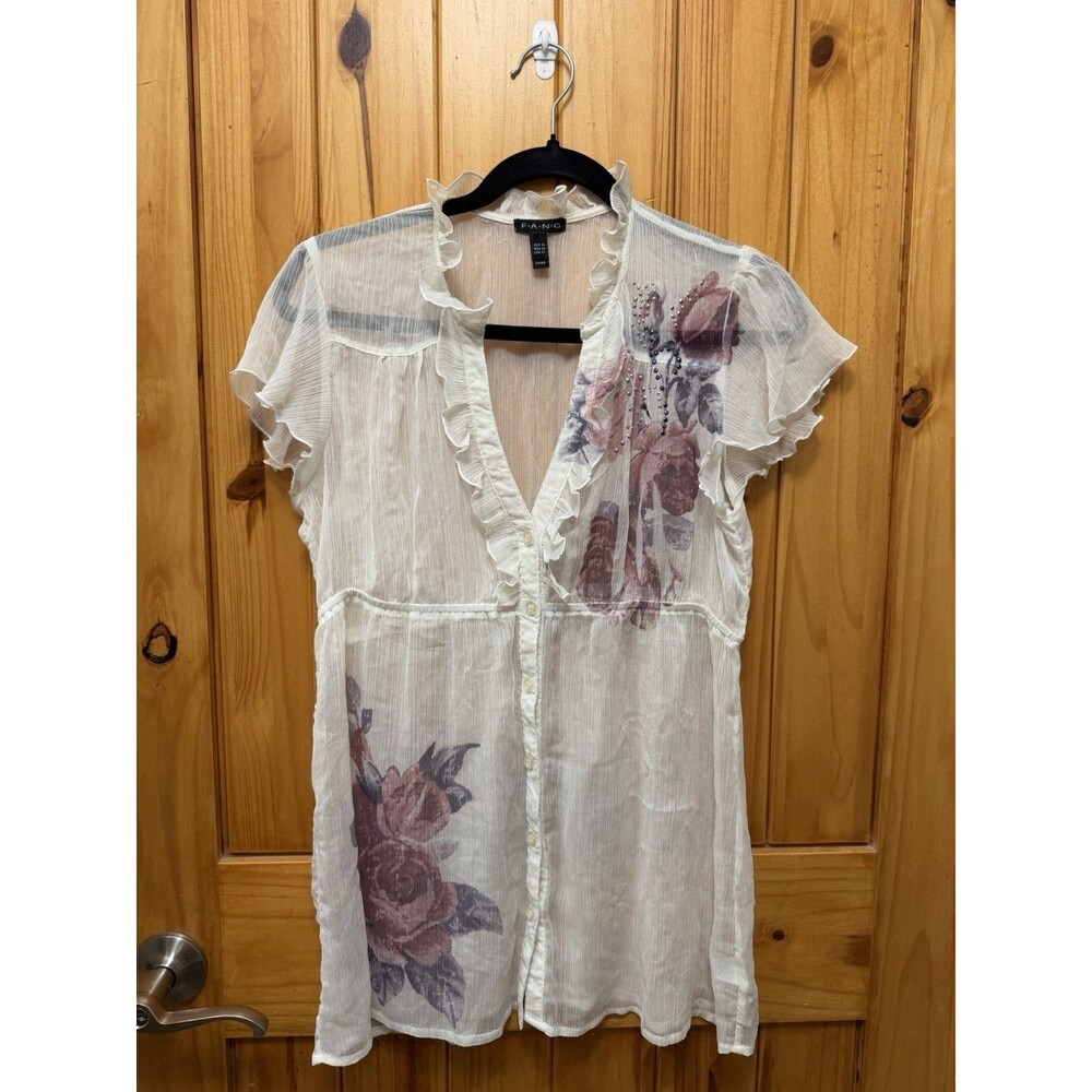 FANG Women’s VTG Sheer White Floral Chiffon Button Blouse Size XL Y2K